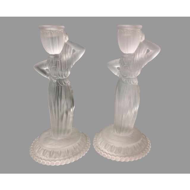 American Pair Vintage Fostoria Satin Glass Figural Rebecca at the Well 10" Candlesticks For Sale - Image 3 of 8