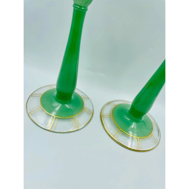 Early 20th Century Art Deco Jadeite-Style Candle Holders With Chronograph Gold Leaf Motif - a Pair For Sale In Los Angeles - Image 6 of 12