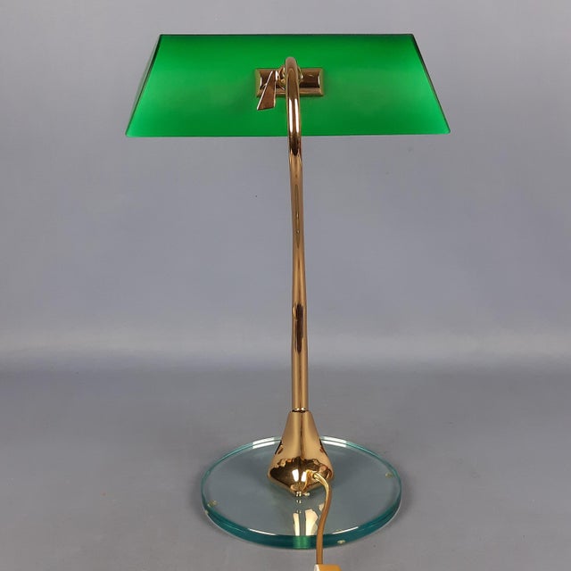 Banker Table Lamp in Polished Brass with Satin Green Glass Shade, 1970s For Sale - Image 4 of 16