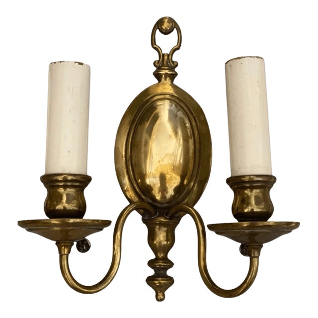 Antique Solid Brass Dutch Colonial Style Wall Sconce With Pull Two Light For Sale
