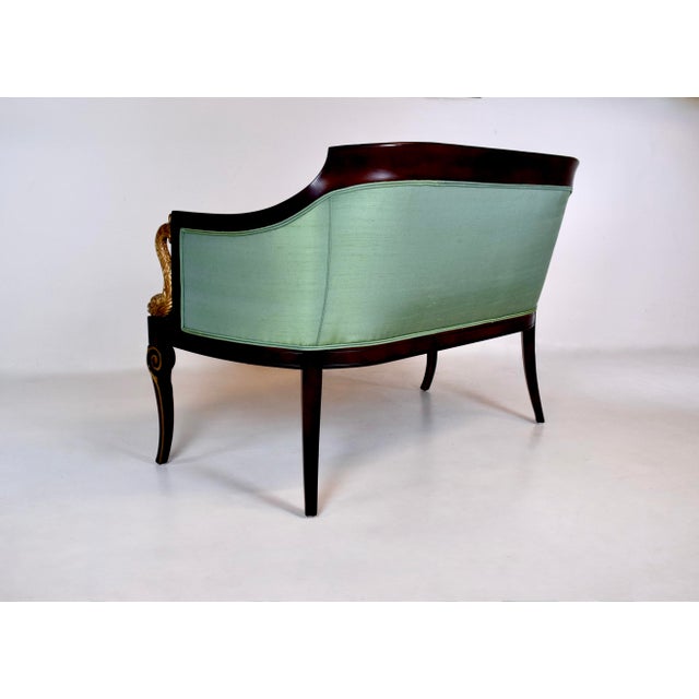 French Empire Style Curved Walnut Settee With Dolphin Arms, New Green Silk For Sale - Image 10 of 13