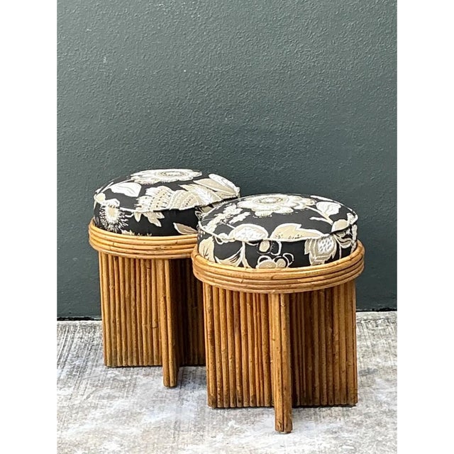 Vintage Schumacher Pencil Reed Upholstered Stools - Pair For Sale - Image 10 of 12