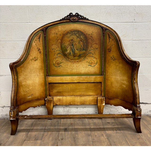 Wood Antique Three Quarter Size French Louis XV Vernis Martin Style Bed For Sale - Image 7 of 14