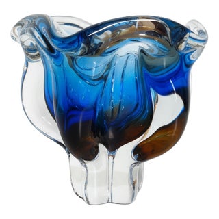 Vintage Art Glass Pentagon Bowl in Blue & Yellow by Josef Hospodka for Chřibská Glassworks, 1960s For Sale