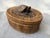 Vintage 70's, small finely woven oval Indonesian Lombok lidded basket. Basket has a wood base and a wooden carved turtle...