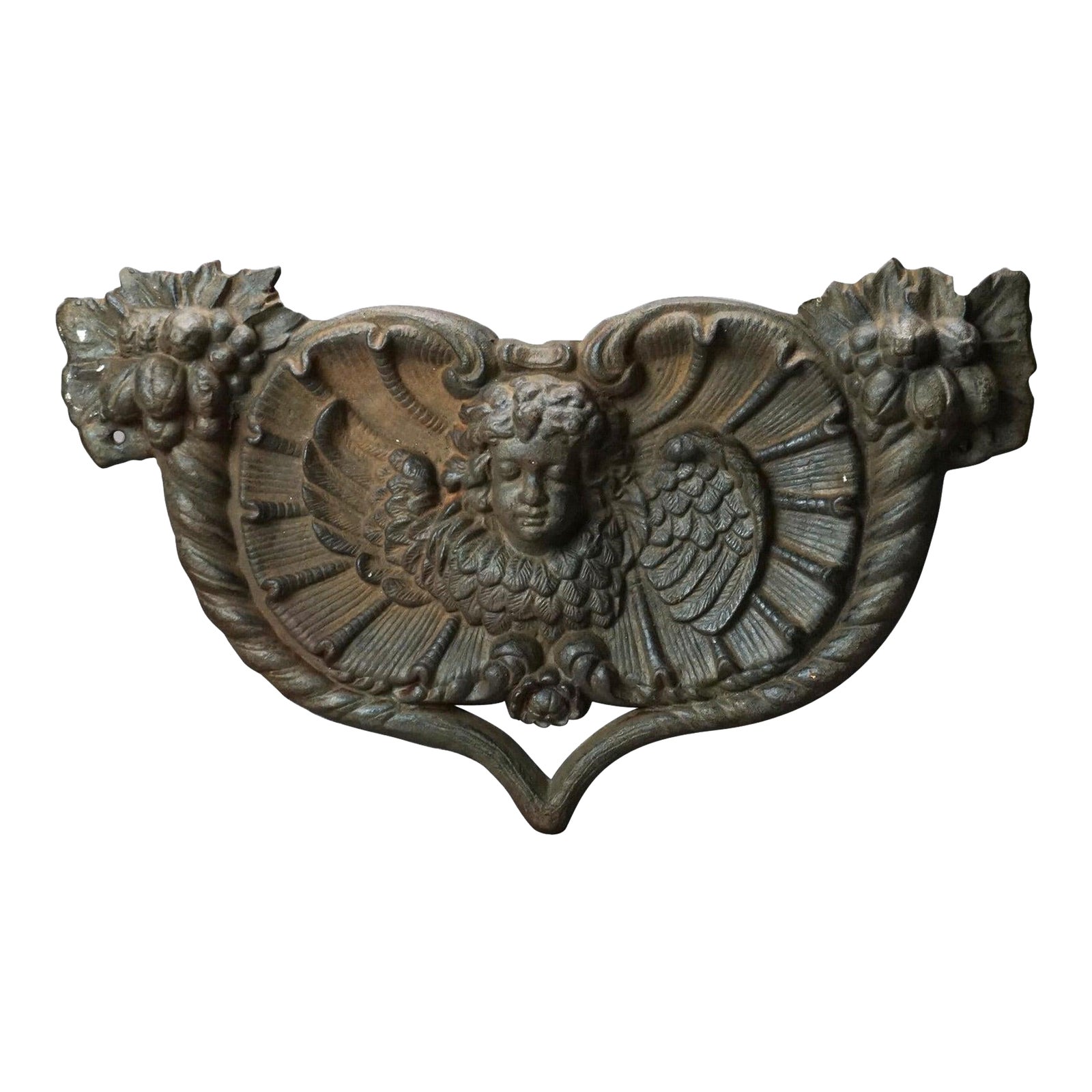 Figural Cast Iron Embossed Cherub Architectural Wall Plaque 20th