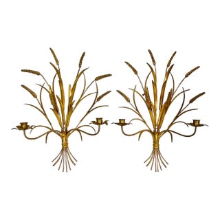 1950s Vintage Italian Hollywood Regency Wheat Sheaf Candle Holder Sconces - A Pair, 2 Arm For Sale