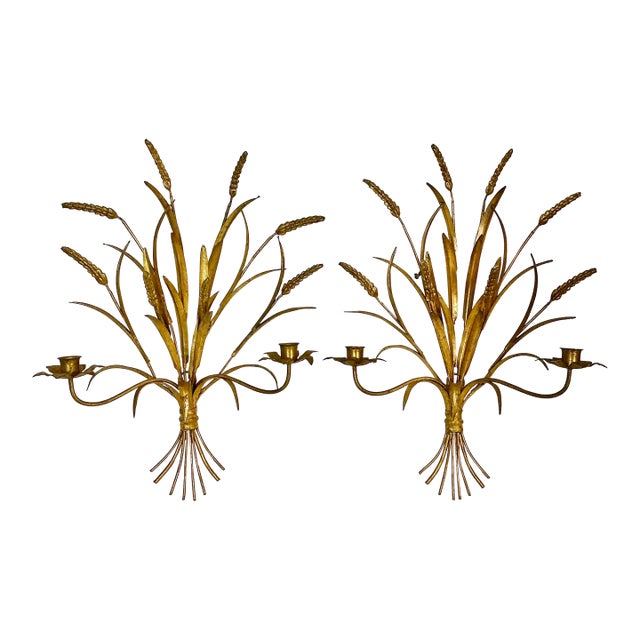 1950s Vintage Italian Hollywood Regency Wheat Sheaf Candle Holder Sconces - A Pair, 2 Arm For Sale