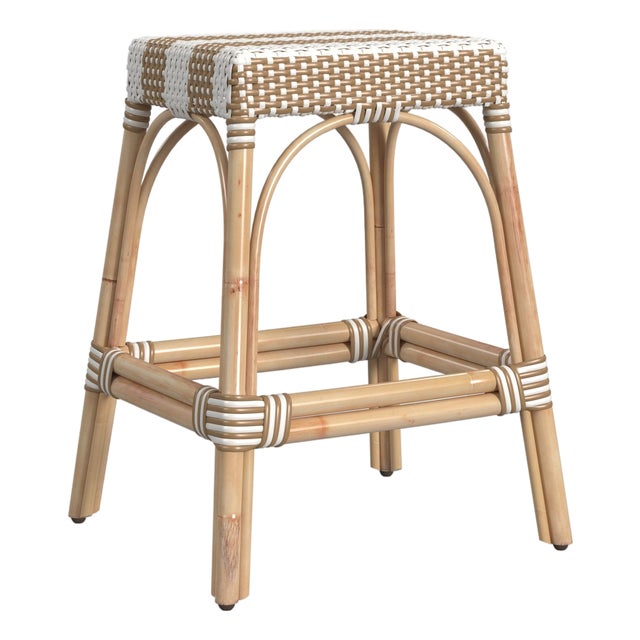 Robias 24.5 in. Seat Height Rectangular Rattan Backless Counter Stool with Footrest, Tan/White Stripe/ Natural Rattan Frame For Sale