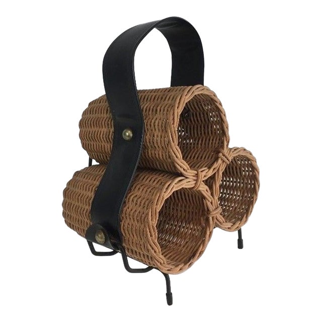 1970s Rattan, Black lacquered Metal and Faux-leather Bottles Rack For Sale