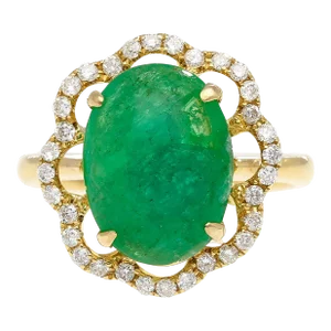 3.6 Carat Cabochon Emerald and Diamond Flower Halo 18k Gold Ring Size 6