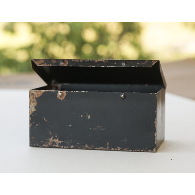 Black 1930s Vintage Industrial Metal Steel Tool Box With Rusty Patina and Chipping Black Paint For Sale - Image 8 of 17