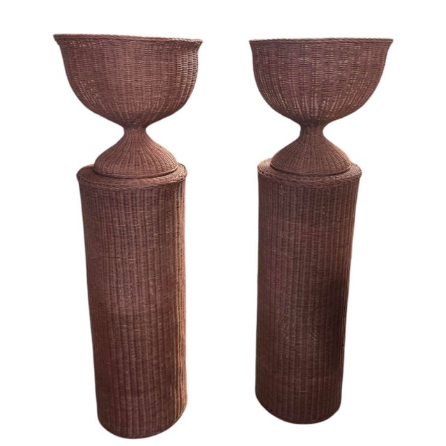 Pair of Vintage Woven Wicker Column Pedestals & Hourglass Urn Planters For Sale - Image 4 of 12