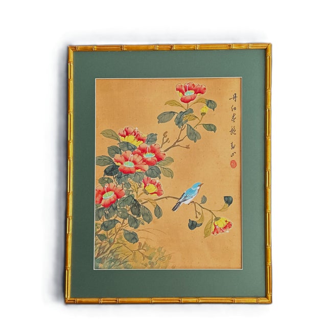 Textile Original Chinese Floral Painting, Signed by Artist, Matted and Framed - 23" X 28" For Sale - Image 7 of 7