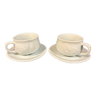 Late 20th Century Japanese Celadon Porcelain Cup & Saucer Set for Two Featuring Botanical Motif For Sale