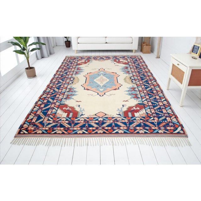 Contemporary Vintage Nomad Oushak Rug Thin Pile Wool Rug Handwoven Turkish Rug- 6'9 X 9'9 For Sale - Image 3 of 11