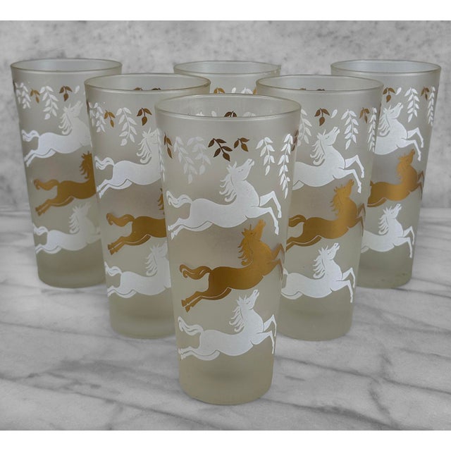 Mid-Century Modern Mid-Century Hollywood Regency Frosted Glass Galloping Horse Tumblers - Set of 6 For Sale - Image 3 of 8
