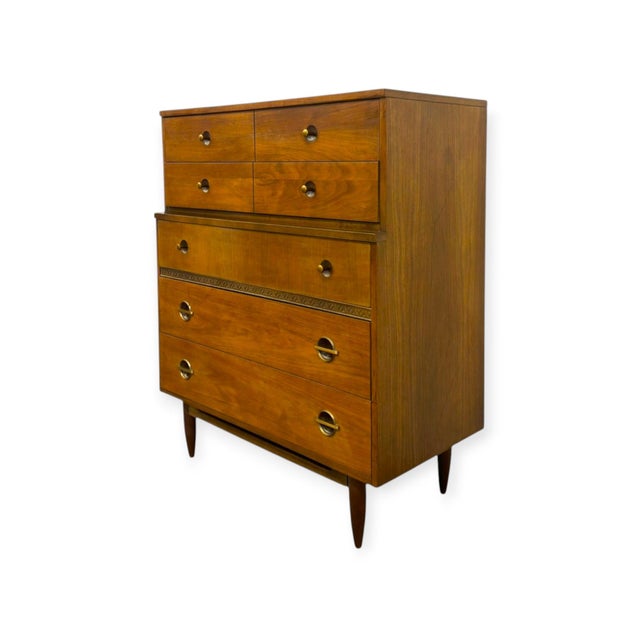 Vintage Mid Century Modern American Walnut Tallboy 5 Drawer Dresser For Sale In Seattle - Image 6 of 10