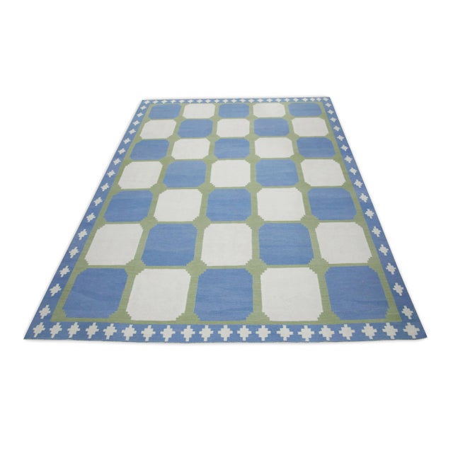 Blue and Green Geometric Design Handmade Modern Kilim Rug 6' X 9' For Sale In Houston - Image 6 of 8