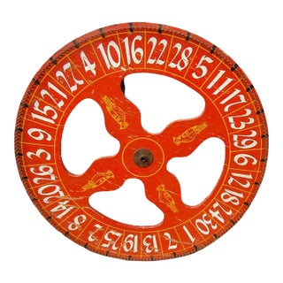 19thc Wooden Folk Art Gaming Wheel With Original Red Paint & Cardinal Design For Sale