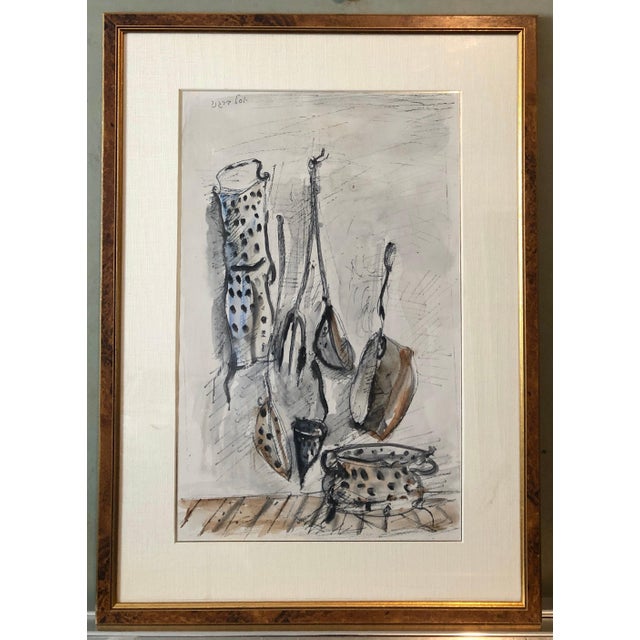 Yosl Bergner, Israeli Yosl Bergner Modernist Watercolor Painting Drawing Pots, Pans For Sale - Image 10 of 10