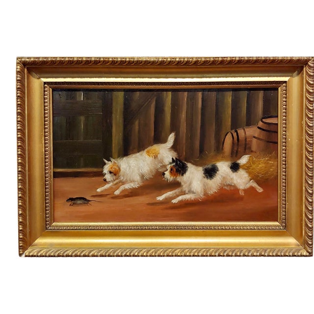 Pair of Terriers Chasing a Rat 19thc. Oil Painting Attributed to George Armfield For Sale