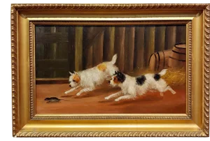 Pair of Terriers Chasing a Rat 19thc. Oil Painting Attributed to George Armfield