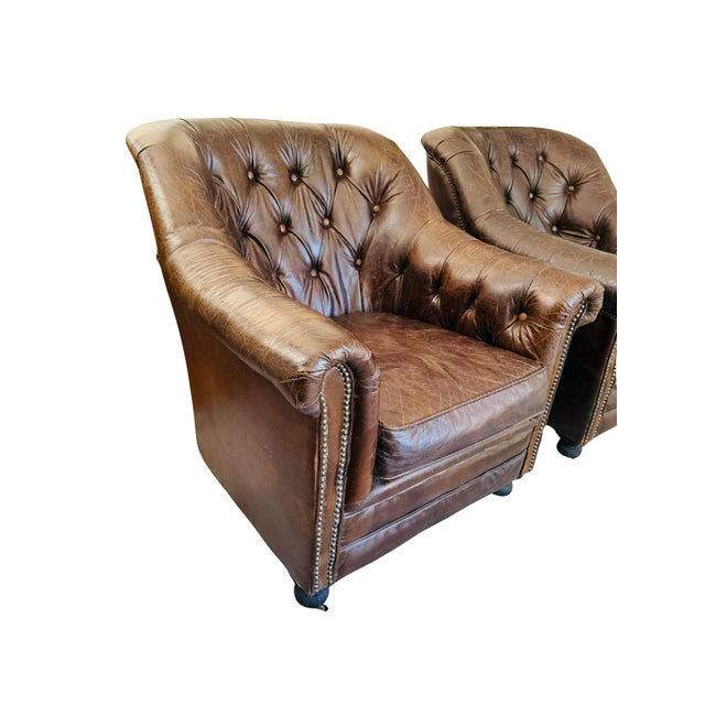 2010s Restoration Hardware Distressed Leather Club Chairs, Pair – Tufted English Library Lounge Chairs With Rolled Arms & Brass Casters For Sale - Image 5 of 18