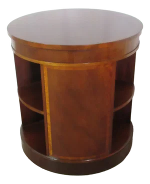 1980s Baker Furniture Drum Bookcase Side End Table Mahogany Banded