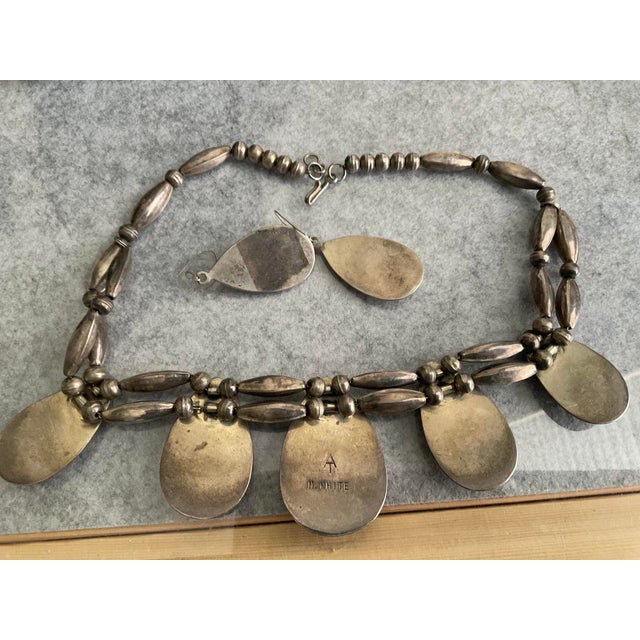Native American Vintage M. White Sterling Silver & Turquoise Shadow Box Necklace & Earrings For Sale - Image 3 of 4