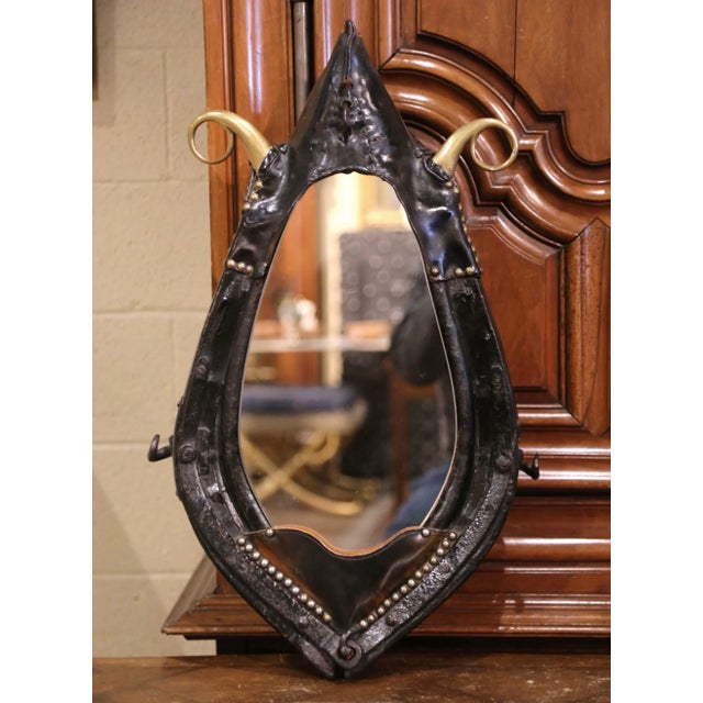 19th Century French Leather and Bronze Horse Collar Converted Into Wall Mirror For Sale - Image 11 of 11