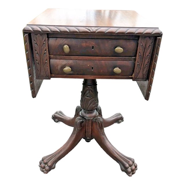 Antique Empire Sewing Work Table by Hersee Furniture Flame Mahogany Drop Leaf For Sale