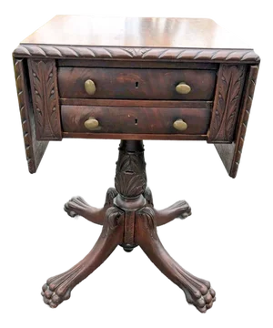 Antique Empire Sewing Work Table by Hersee Furniture Flame Mahogany Drop Leaf