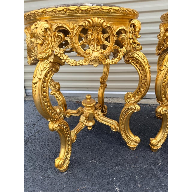 Rococo 1960s Pair of French Rococo Marble Top Accent Tables Gilded Carved Side Tables For Sale - Image 3 of 5