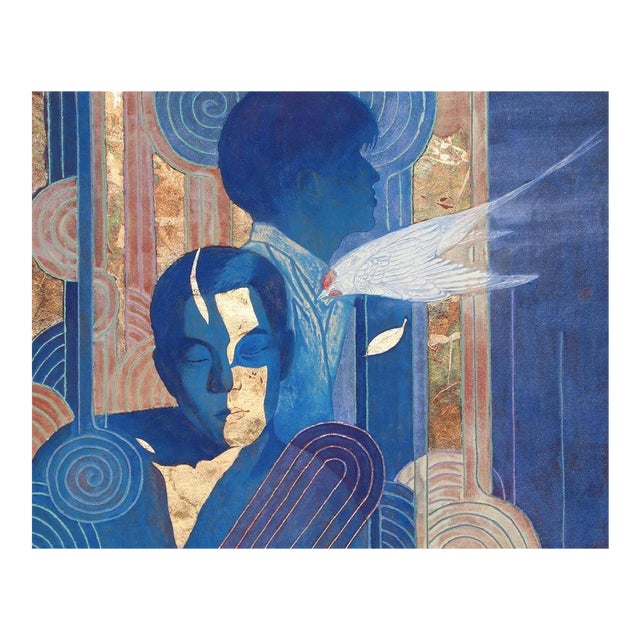 Medium Original Blue Mineral Pigment Painting Male Figures White Bird For Sale