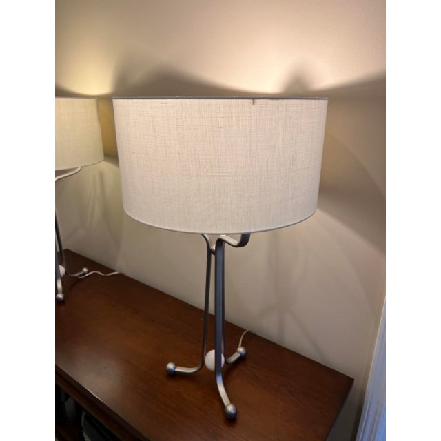 Baker Larimar Table Lamp, Satin Nickel Finish & Alabaster With White Linen Drum Shade For Sale - Image 13 of 18