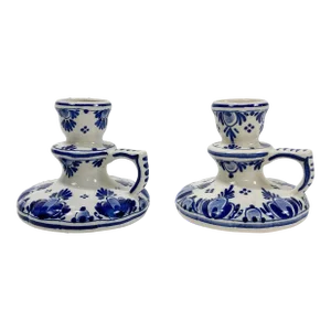Vintage Delft Blue Dutch Holland Ceramic Candle Holders, Pair