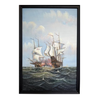 Large Maritime Naval Battle Oil Painting Signed K. Bosen Sailing Ships Seascape For Sale