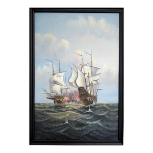 Large Maritime Naval Battle Oil Painting Signed K. Bosen Sailing Ships Seascape