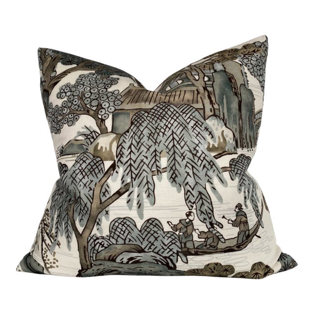 Thibaut Asian Scenic Pillow Cover in Grey, 20x20 Pillow For Sale