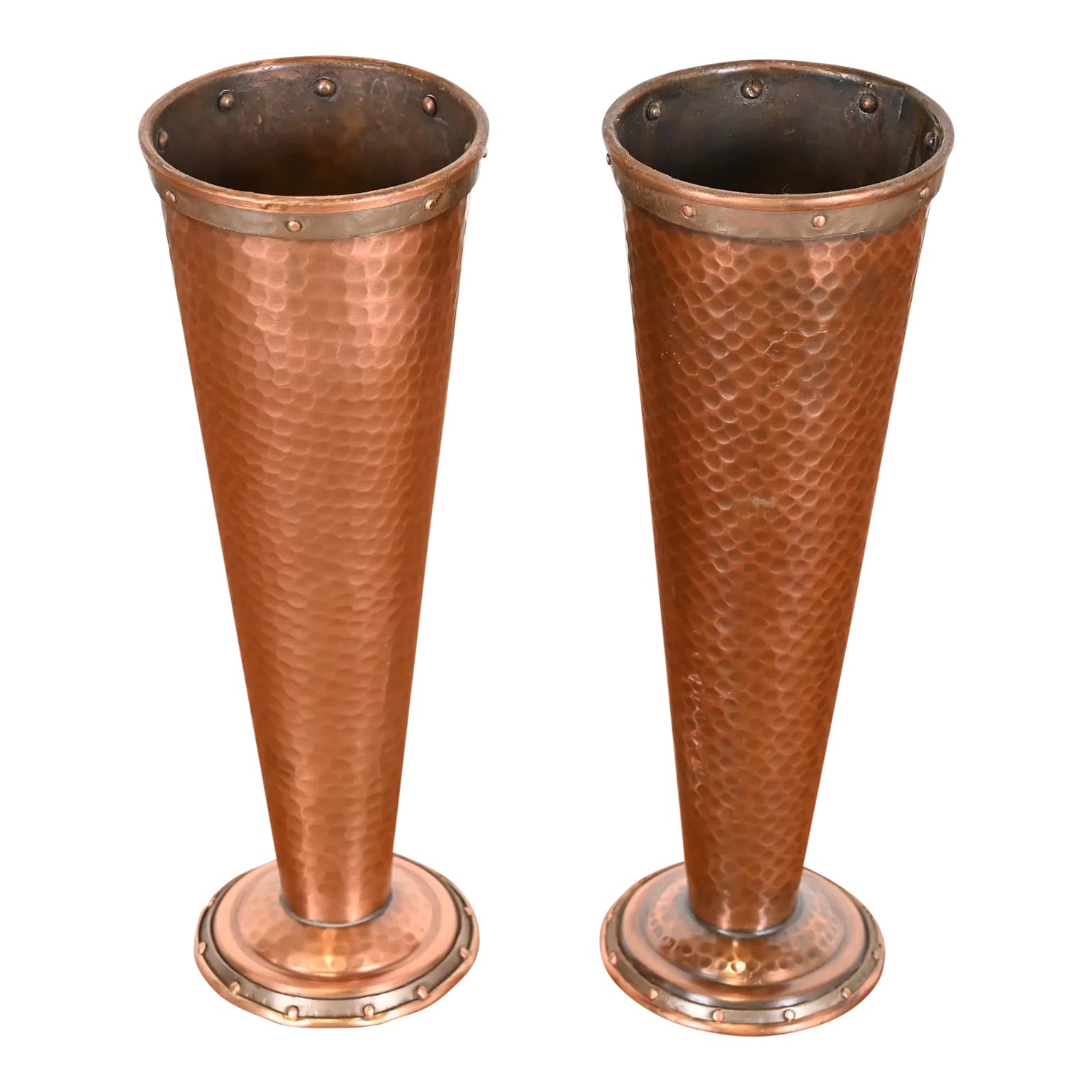 Joseph Heinrichs Style Arts and Crafts Hand Hammered Copper Vases, Pair Chairish