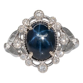 4 Star Sapphire Ring With Earth Mined Diamonds Accents: Solid 14k Gold, Size 6.75 For Sale