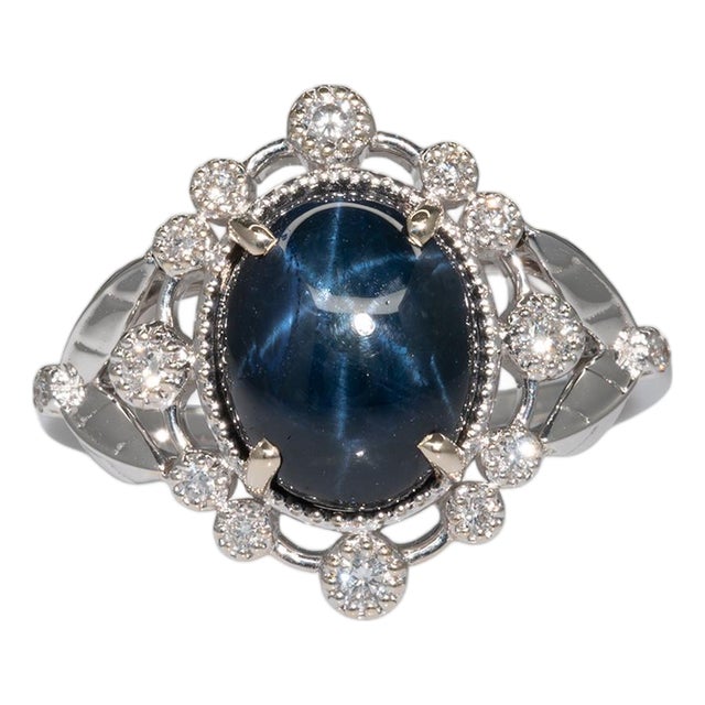 4 Star Sapphire Ring With Earth Mined Diamonds Accents: Solid 14k Gold, Size 6.75 For Sale