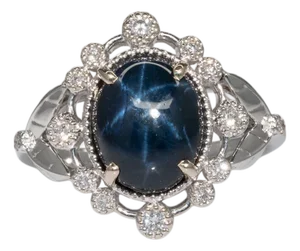 4 Star Sapphire Ring With Earth Mined Diamonds Accents: Solid 14k Gold, Size 6.75