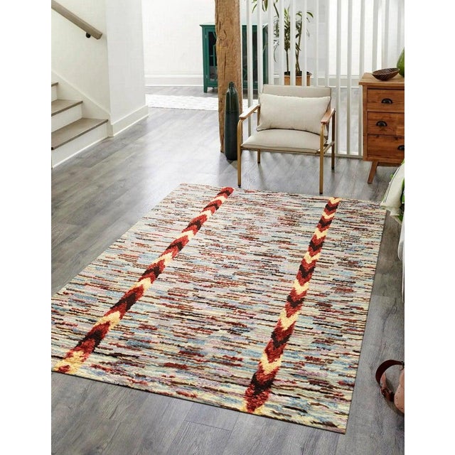 6x9 Multicolor Hand-Knotted Wool Bamboo Silk Chevron Banded Geometric Carpet Rug For Sale - Image 4 of 4