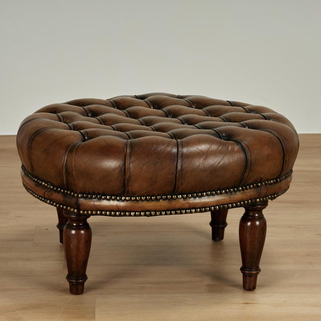 Victorian Vintage Button Tufted Leather Ottoman For Sale - Image 3 of 12