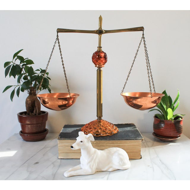 Art Deco Vintage Copper & Brass Kitchen Scale W/ Amber Glass For Sale - Image 3 of 12
