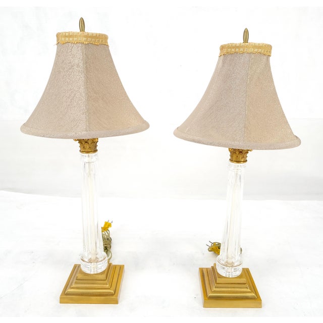 960'sPair of Crystal & Square Brass Bases Ornate Shades 25" Tall Table Lamps For Sale - Image 9 of 15