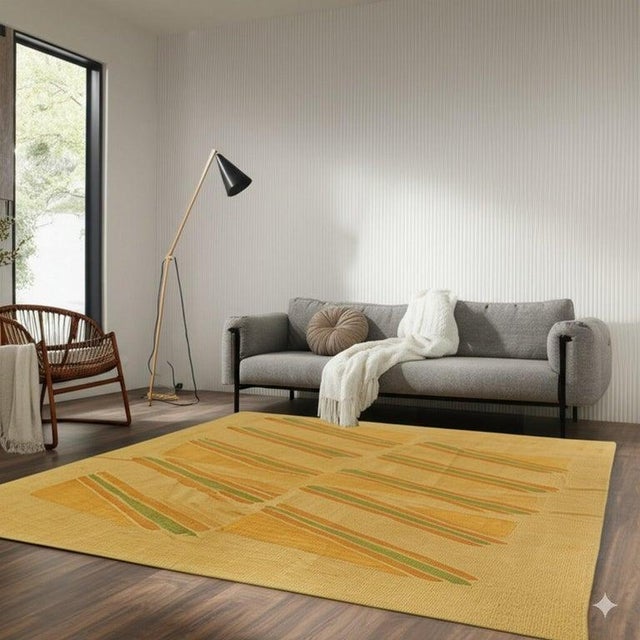 6x8 Ivory Flat Weave Wool Striped Block Motif Geometric Modern Carpet Rug For Sale - Image 4 of 7