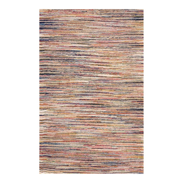 1930s Multicolor Stripe Geometric Antique American Hooked Rug 5'5" X 8'7" Hand Knotted Wool Carpet For Sale